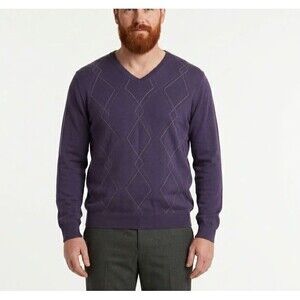 Van Heusen Men’s V Neck Sweater Argyle Purple Cotton Size Large
